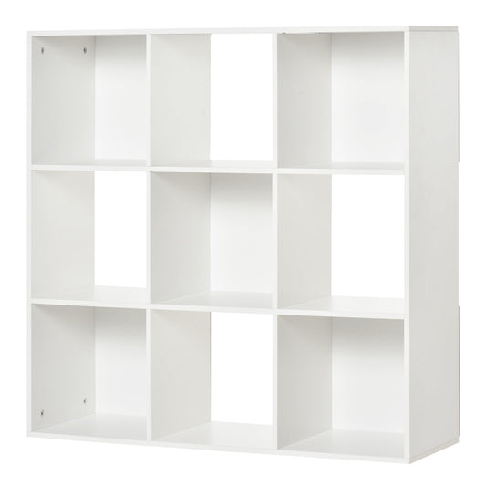 White Bookcase for Home and Office, Modern Design Shelf with 9 Wooden Compartments, 91.5 x 29.5 x 91.5 cm