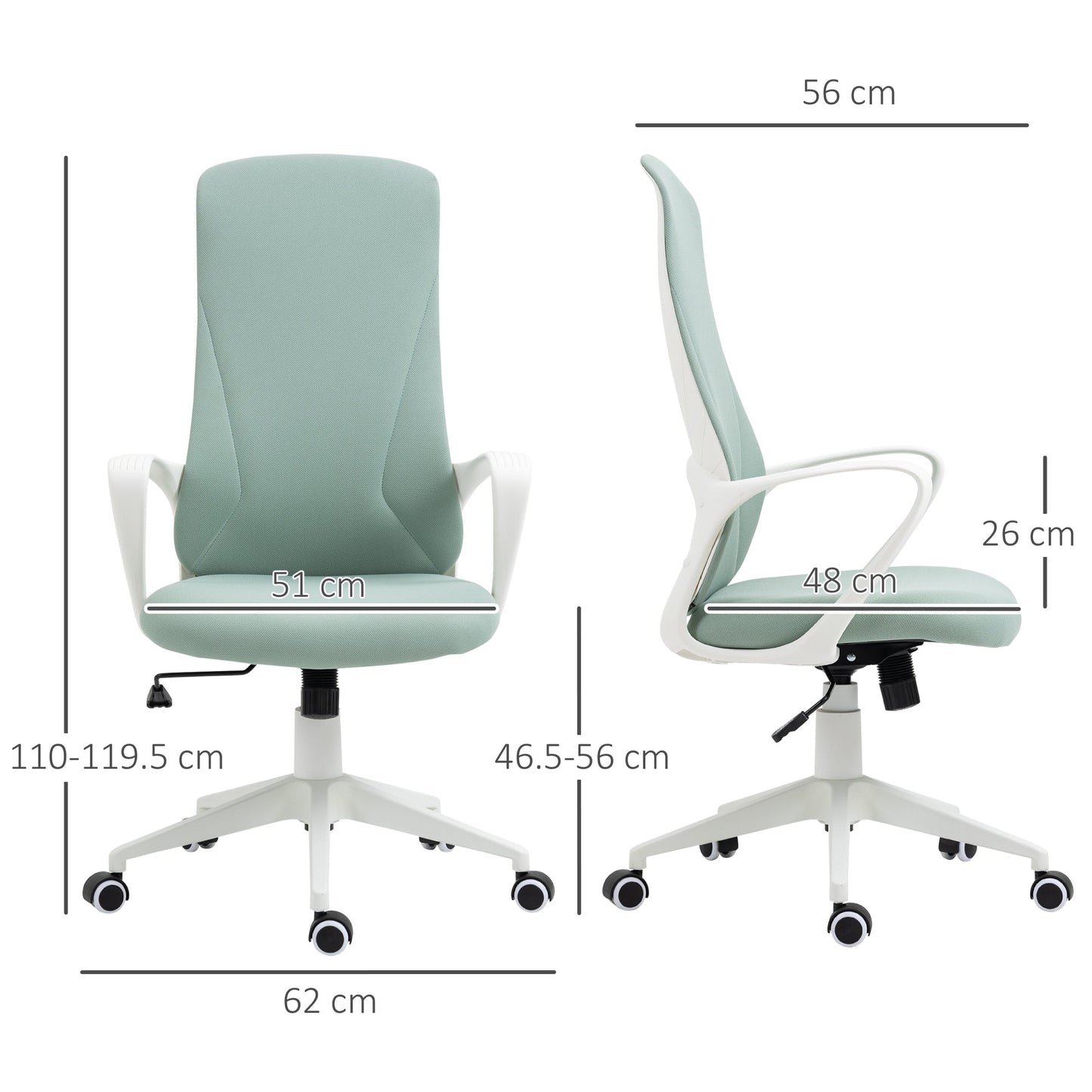 Ergonomic and Padded Office Chair with Adjustable Height and Rocking, 62x56x110-119.5 cm, Green