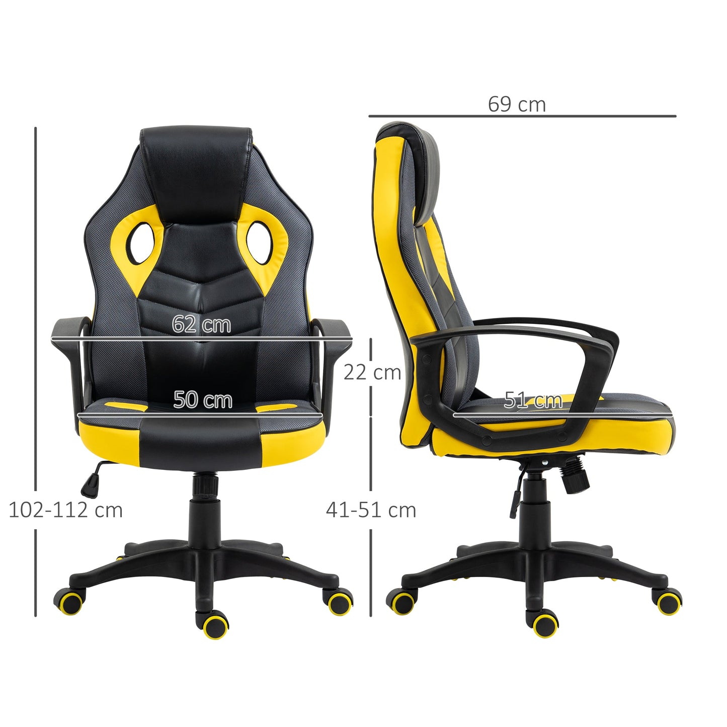 Ergonomic Gaming Chair, Swivel Office Chair with Wheels in Black and Yellow Faux Leather, Adjustable Height