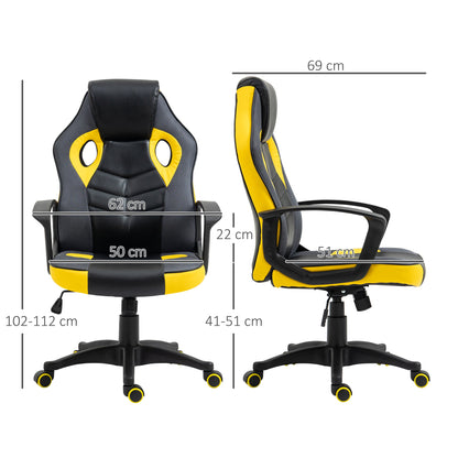 Ergonomic Gaming Chair, Swivel Office Chair with Wheels in Black and Yellow Faux Leather, Adjustable Height