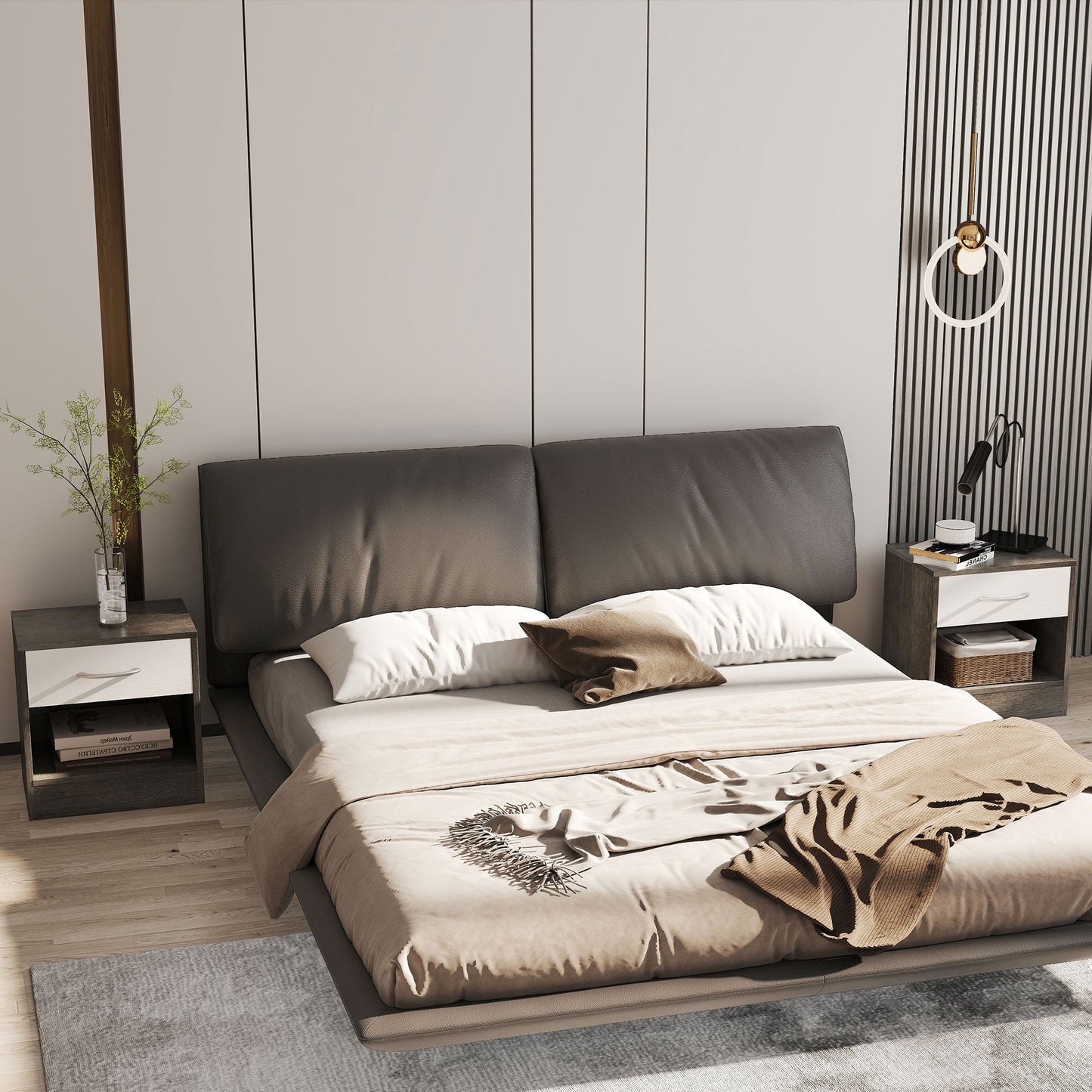 Set of 2 Modern Bedside Tables with Open Shelf and Drawer, Wooden, 39x28x41 cm, White and Dark Grey