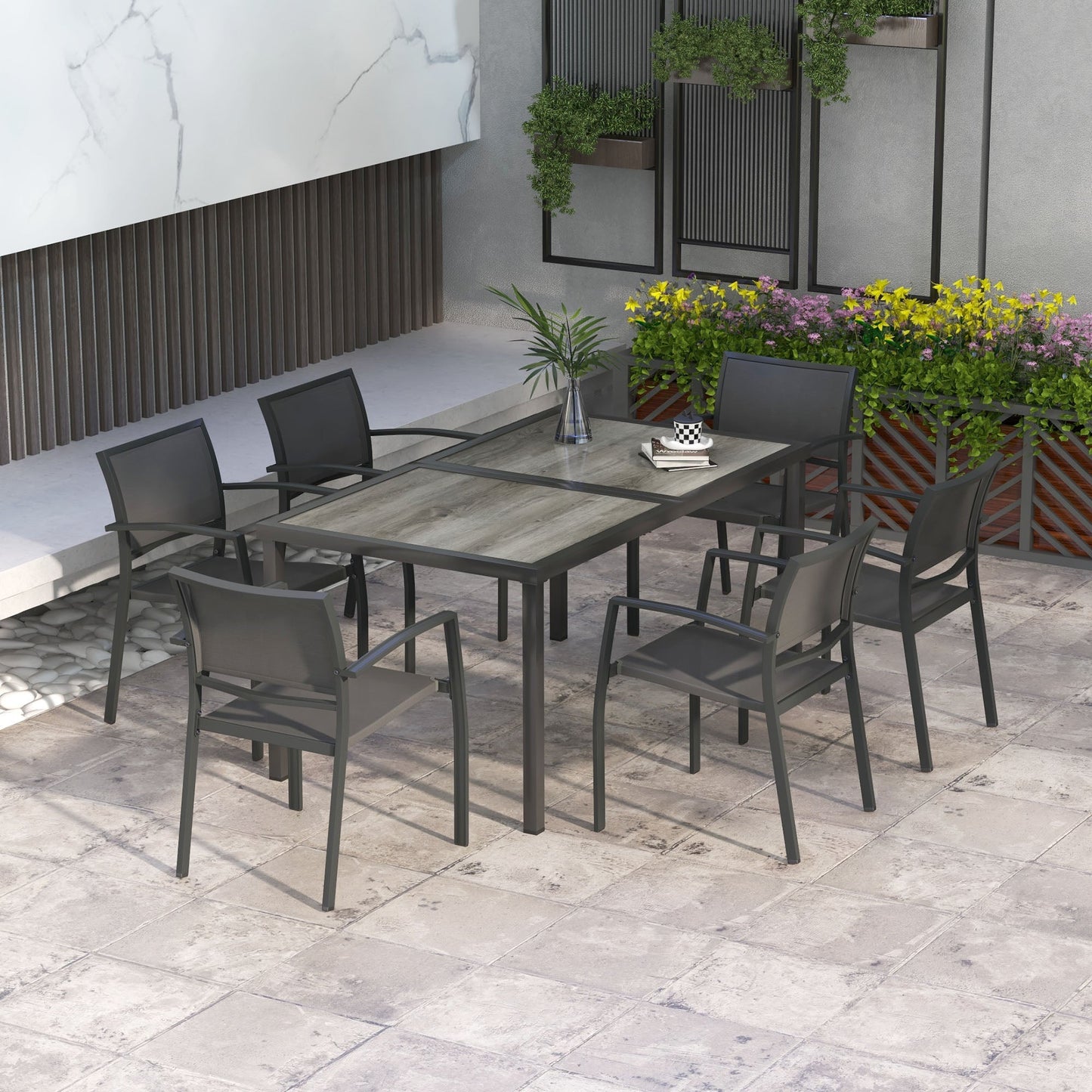 Garden Set with 6 Stackable Mesh Fabric Chairs and Wood Effect Table, Grey