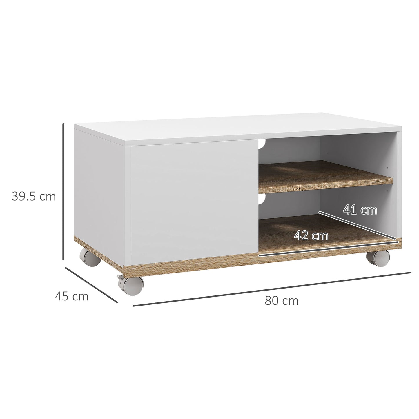 42" Max TV Stand with 2 Open Shelves and Door and Wheels, Chipboard, 80x45x39.5 cm, White