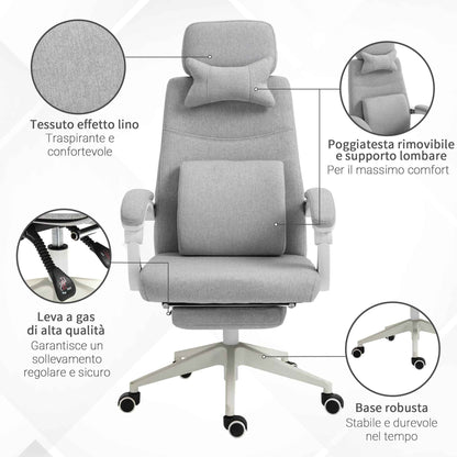 Ergonomic Office Chair, Desk Chair with Wheels, Lumbar Cushion, Removable Headrest and Footrest, Grey 62x68x117-127cm