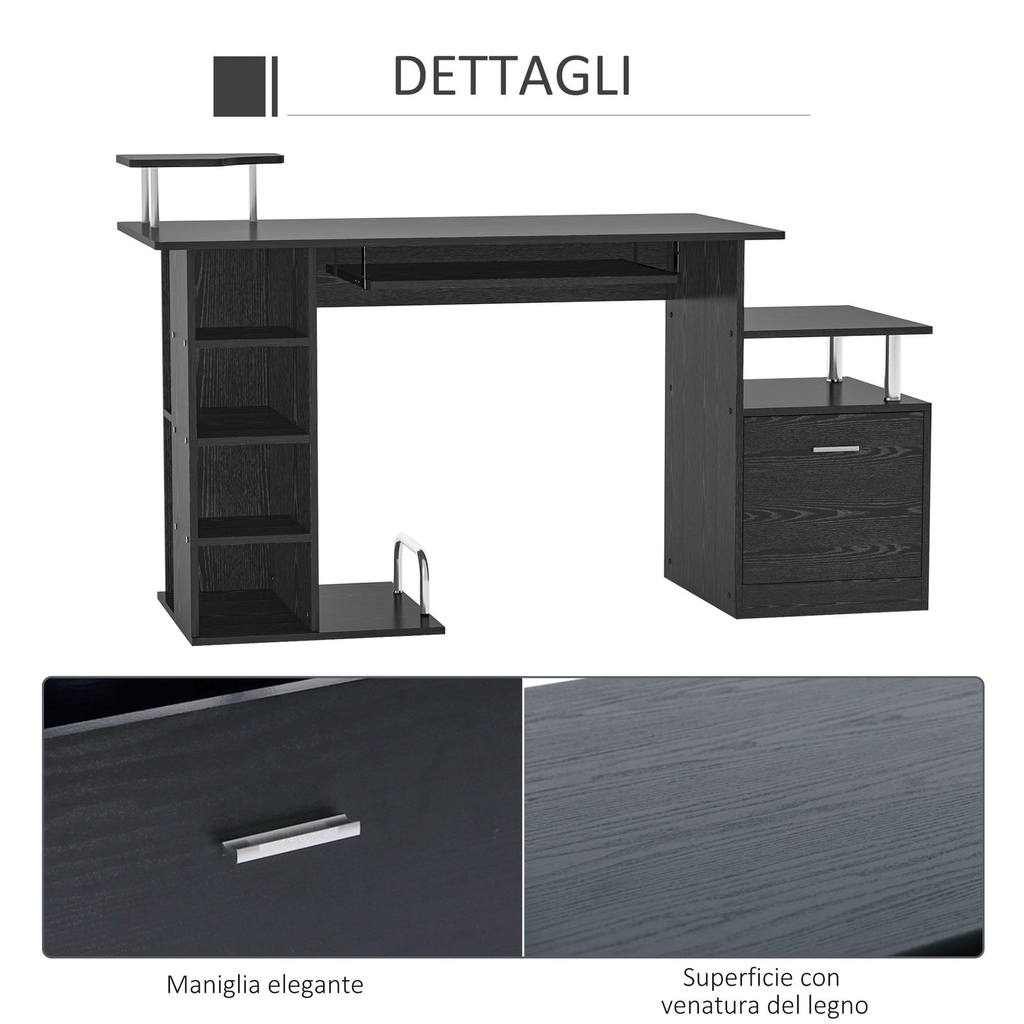 Desk for modern computer with drawers, shelves and removable keyboard, office desk for black wooden wood 152x60x88cm
