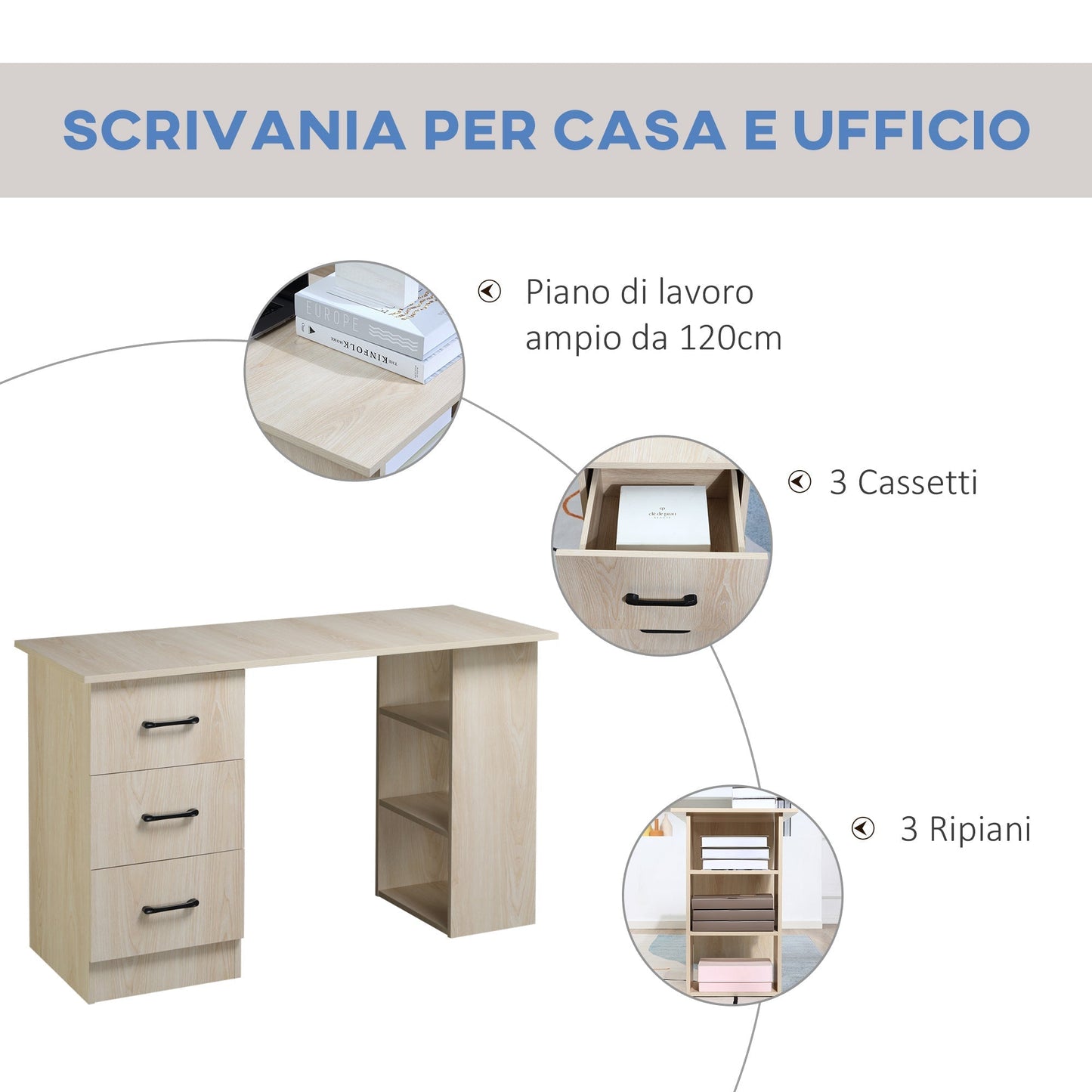 Modern PC Desk per room with 3 drawers and 3 wooden shelves for home and office 120x49x72cm