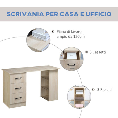 Modern PC Desk per room with 3 drawers and 3 wooden shelves for home and office 120x49x72cm