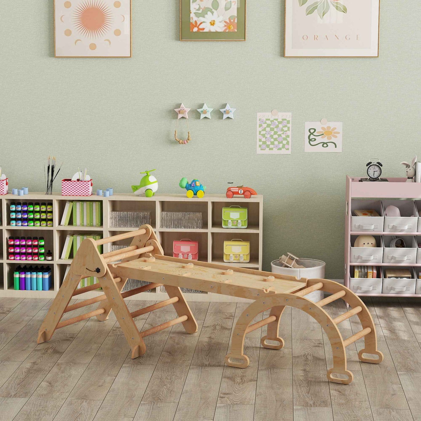 5-in-1 Children's Playground with Triangle, Smooth Wall and Arch, Made of Poplar and Pine Wood, 188x70x59 cm