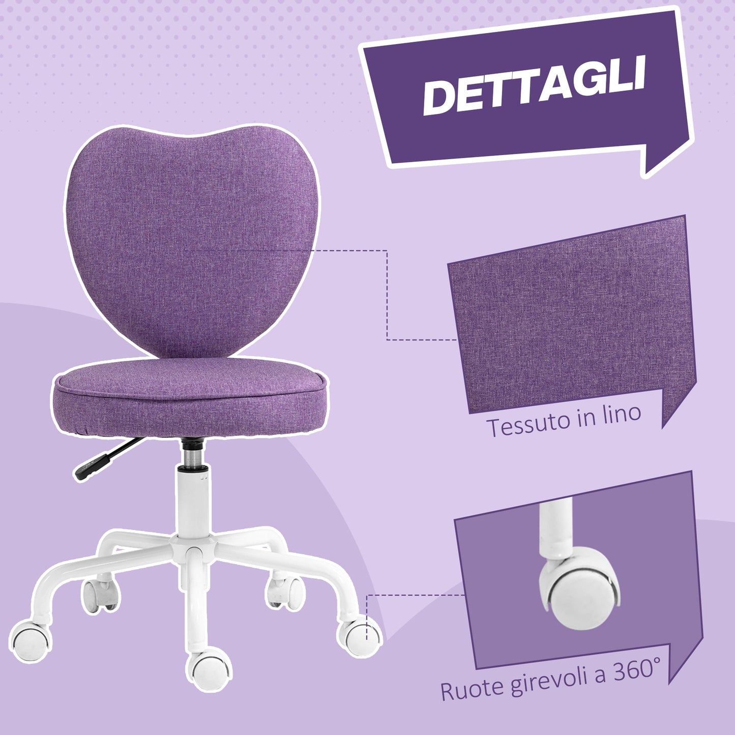 Heart-Shaped Desk Chair with 5 Wheels and Adjustable Height in Fabric, 40x50x79-89cm, Purple