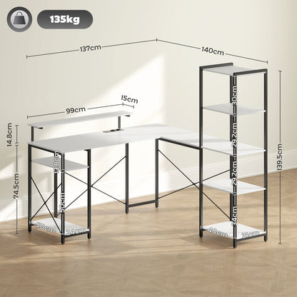 Corner Desk with Electrical & USB Outlet, Shelf & Monitor Stand, Black & White