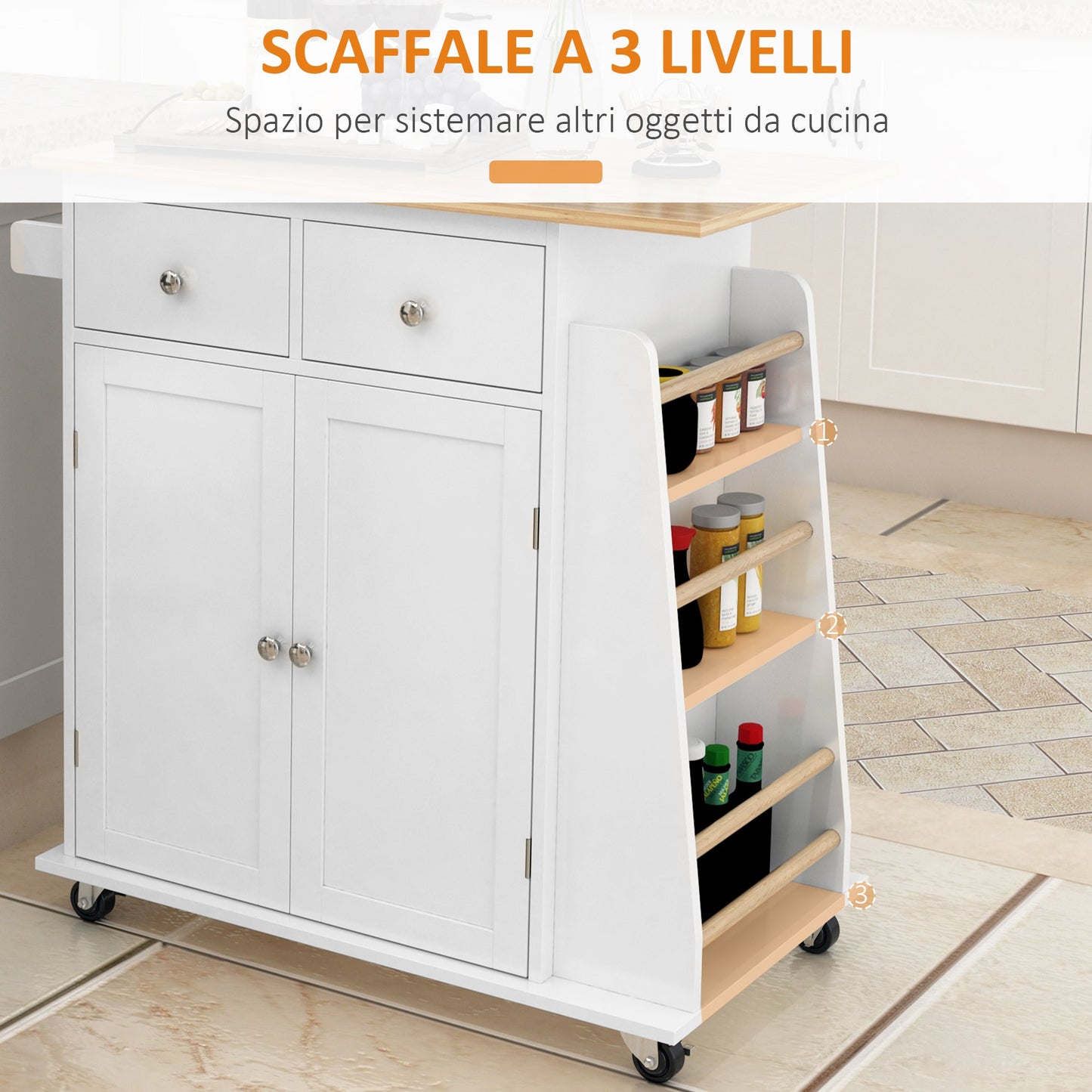 3-Tier Kitchen Trolley with 4 Wheels, MDF and Chipboard, 89x45x89cm, White