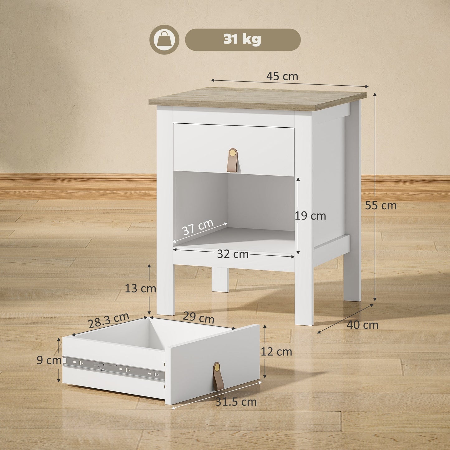 Set of 2 Wooden Bedside Tables with Drawer and Open Shelf, 45x40x55 cm, White and Oak