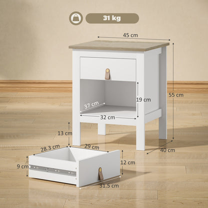 Set of 2 Wooden Bedside Tables with Drawer and Open Shelf, 45x40x55 cm, White and Oak