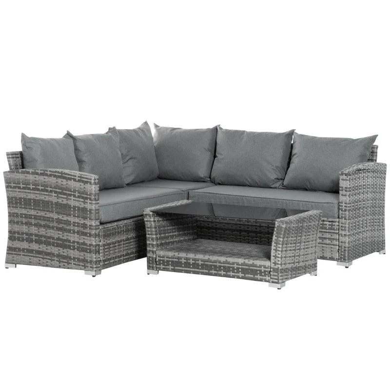 4-Piece PE Rattan Garden Furniture Set, Corner Sofa and Glass Coffee Table, Padded and Removable Cushions, Grey