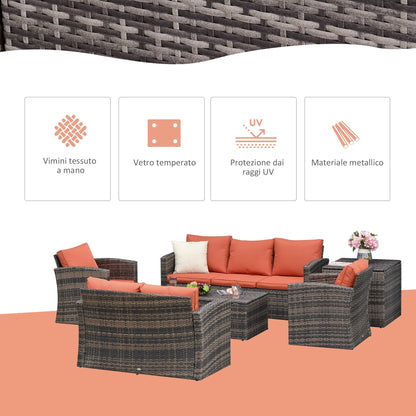 MANDOLINA | Brown 6 pcs Outdoor Rattan Furniture Set with orange cushions