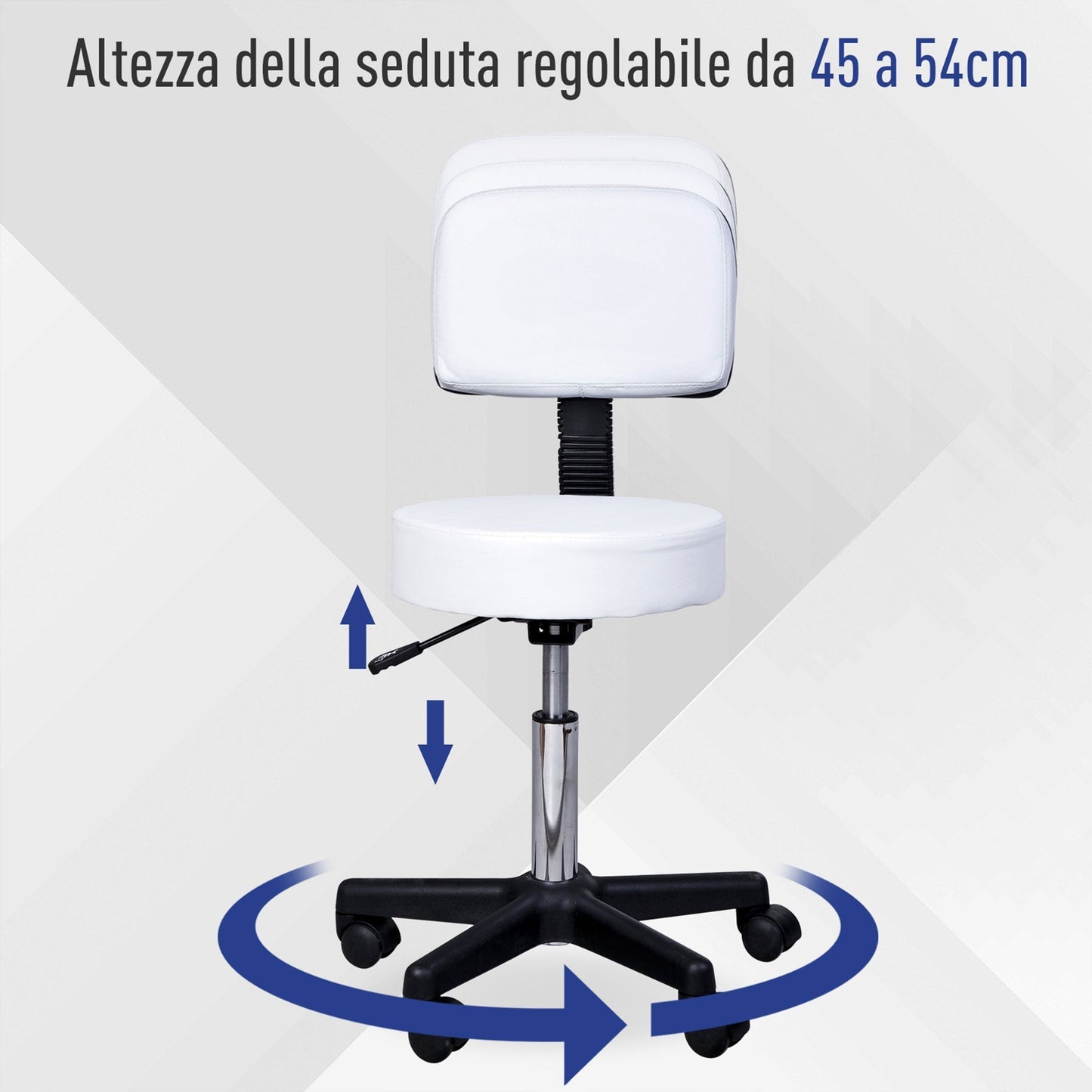 Swivel Stool with Backrest, Adjustable Height and 5 Wheels in White PU Leather for Home or Shop