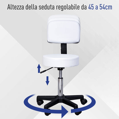 Swivel Stool with Backrest, Adjustable Height and 5 Wheels in White PU Leather for Home or Shop