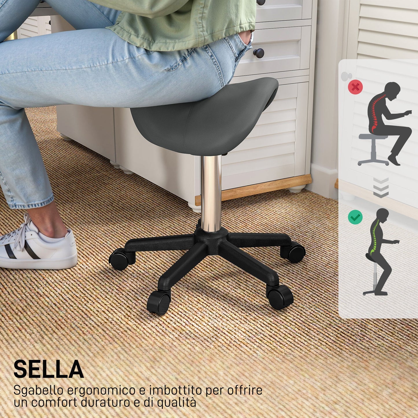 Swivel Saddle Stool with Wheels and Adjustable Height, Padded and Upholstered in Faux Leather, Grey
