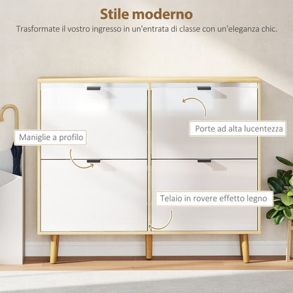 Slim Modern Shoe Rack with 4 Tilting Drawers for 20 Pairs of Shoes, 105x24x92.5 cm, White