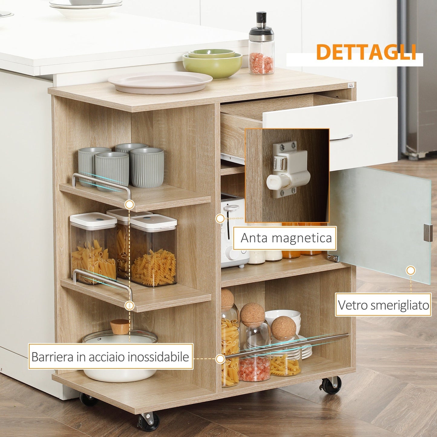 Kitchen Trolley Food Cart with Drawer, Shelves and Cabinet in Wood, Steel and Glass, 65x39x80cm