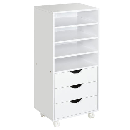 Office Drawer Unit with 4 Wheels 4 Shelves 3 Drawers, MDF Wood Document Cabinet, 38x40x86.8 cm, White