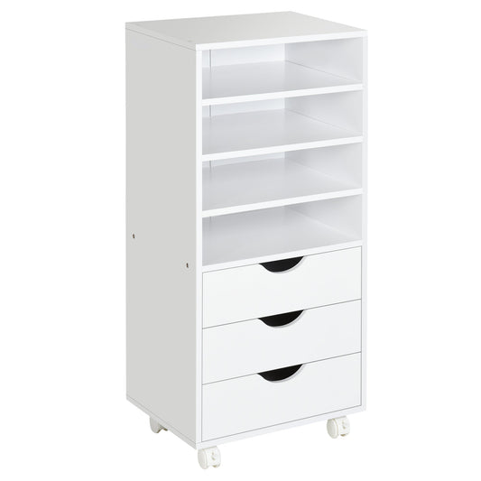 Office Drawer Unit with 4 Wheels 4 Shelves 3 Drawers, MDF Wood Document Cabinet, 38x40x86.8 cm, White