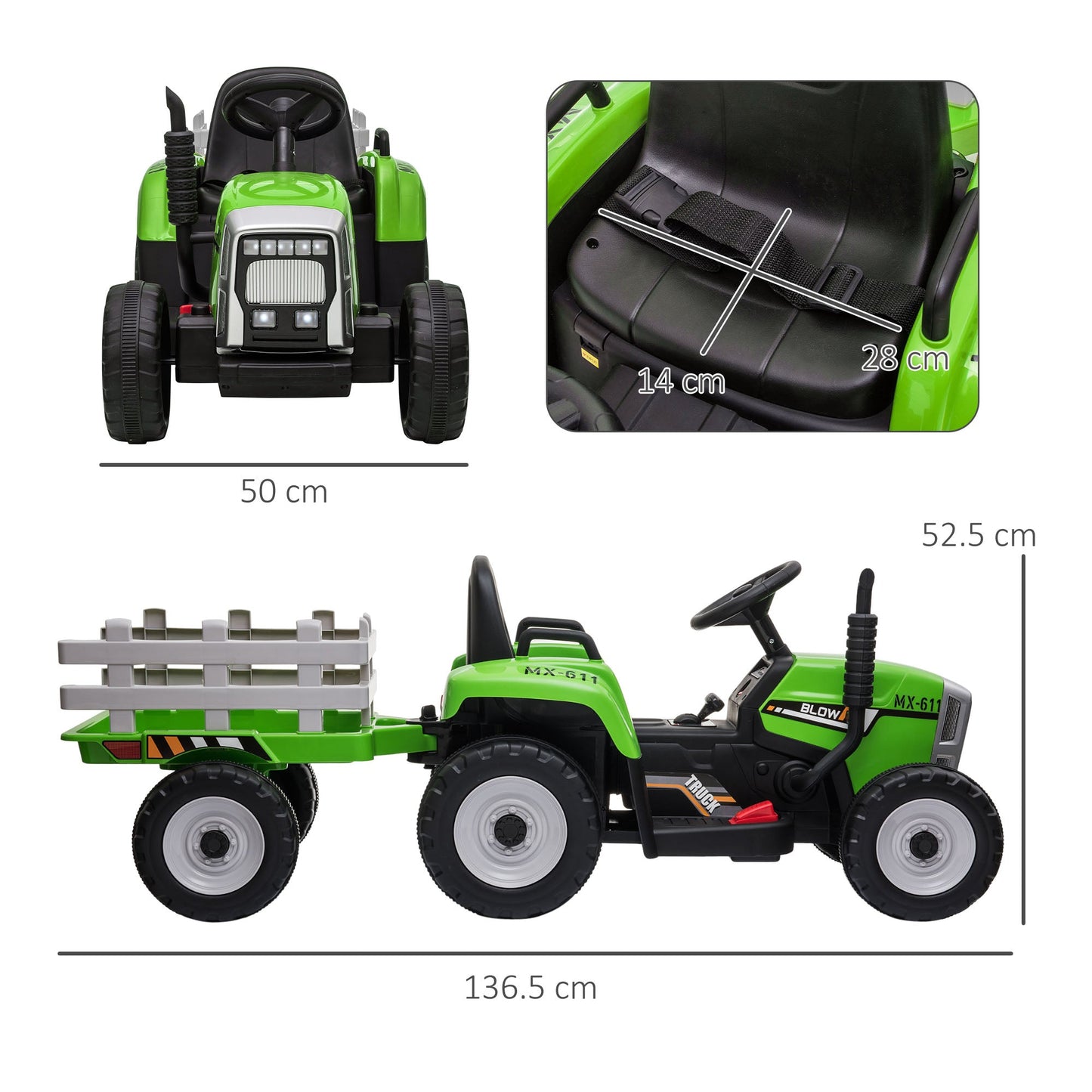 Electric Tractor for Children 3-6 Years with Removable Trailer, 12V Battery and Remote Control, Green