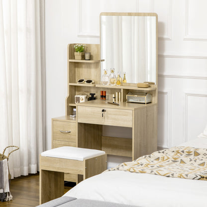 Dressing Table with Mirror, Dressing Table, Stool, 4 Drawers and 4 Shelves, Wood Color
