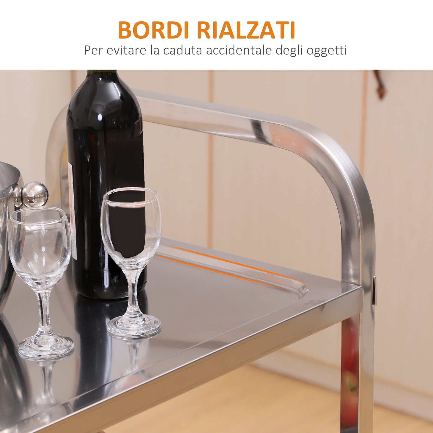 Restaurant / Hotel Kitchen Cart 3 Open Shelves 4 Omnidirectional Wheels with 2 Brakes Anti-Collision Bearings 430 Stainless Steel Silver 85x45x90cm