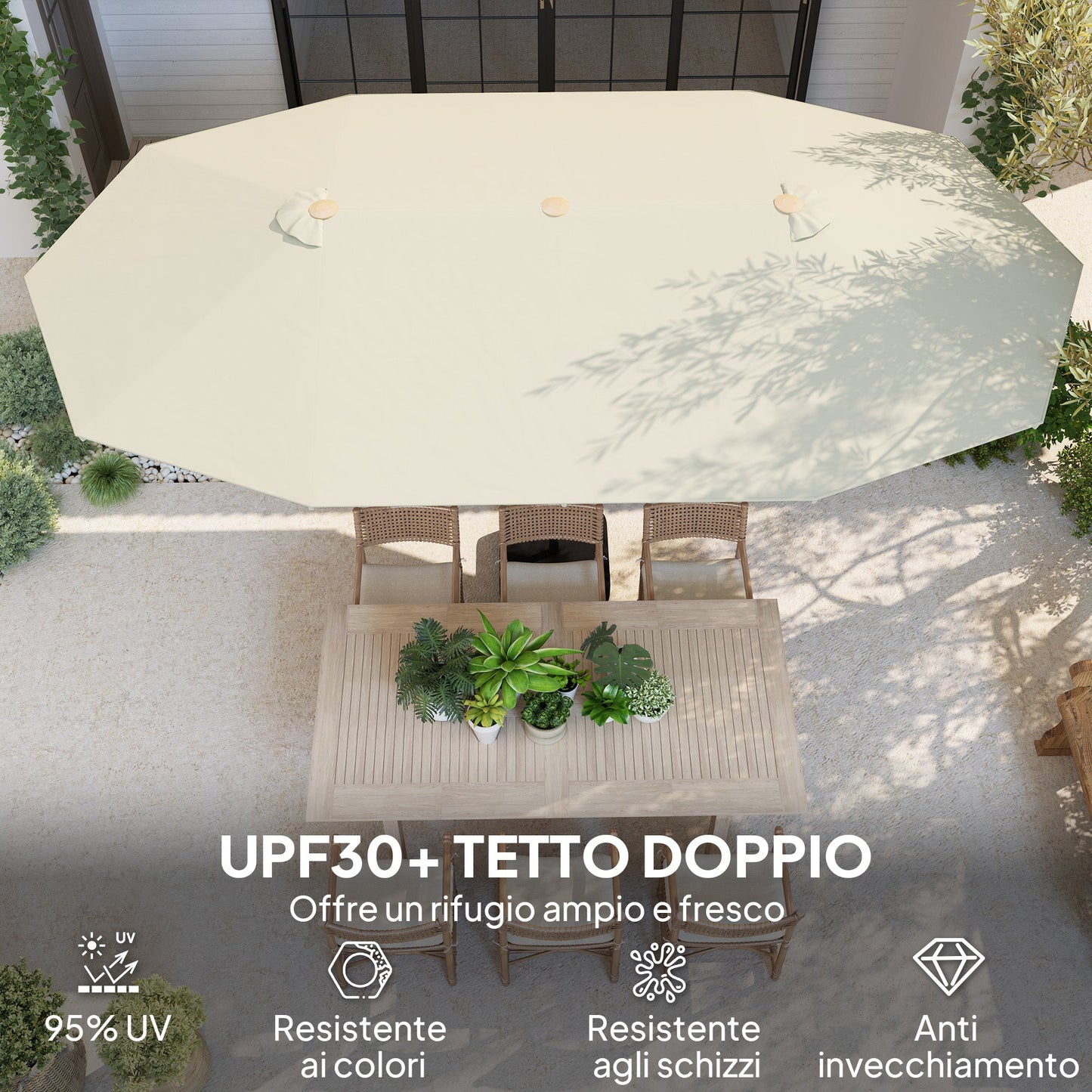 Double Umbrella with Crank Opening, in Stainless Steel and Polyester, 455x265x238 cm, Beige