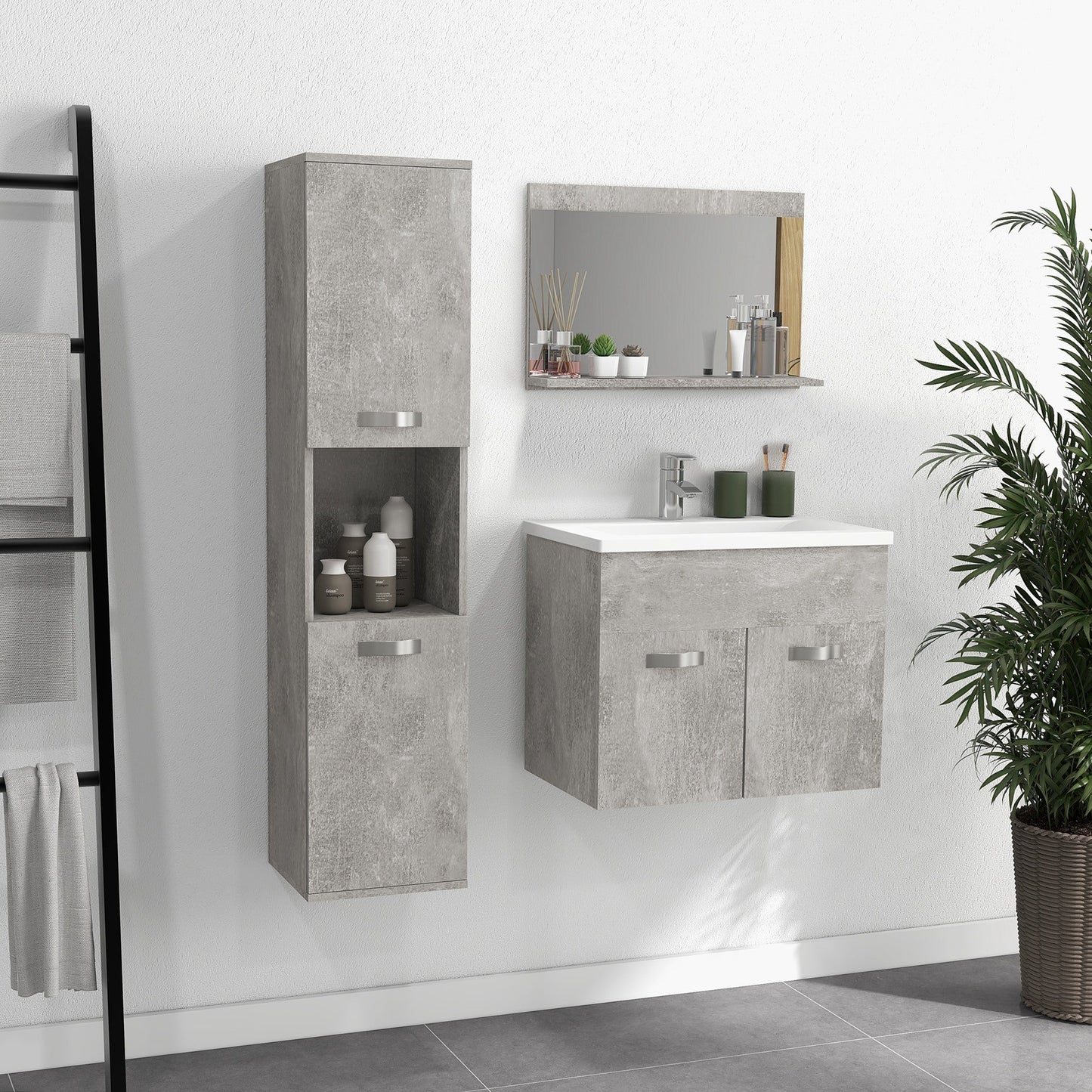 Grey 4 Piece Bathroom Furniture Set with 60cm Sink, Cabinet, Bathroom Column and Wooden Mirror, Grey