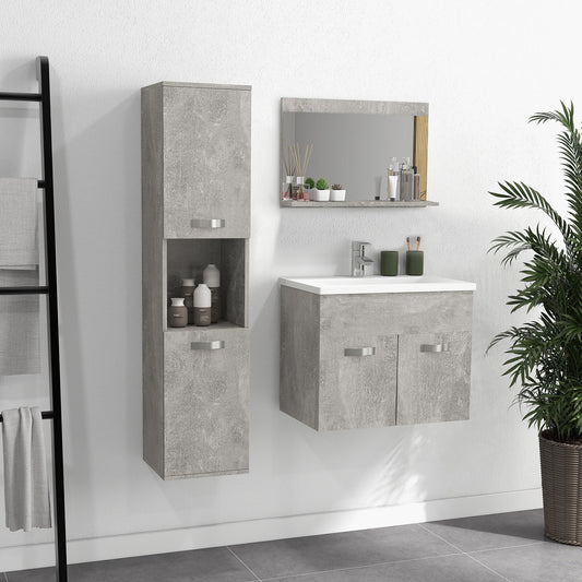 Grey 4 Piece Bathroom Furniture Set with 60cm Sink, Cabinet, Bathroom Column and Wooden Mirror, Grey