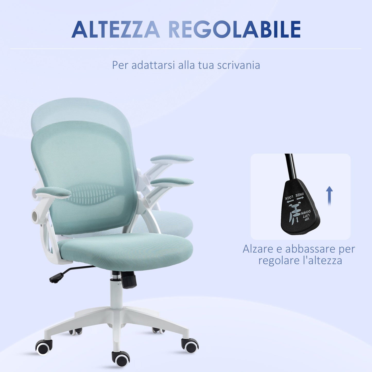 Ergonomic Office Chair with Mesh Backrest and Adjustable Height, 65.5x61.5x88-97.5cm, Light Blue
