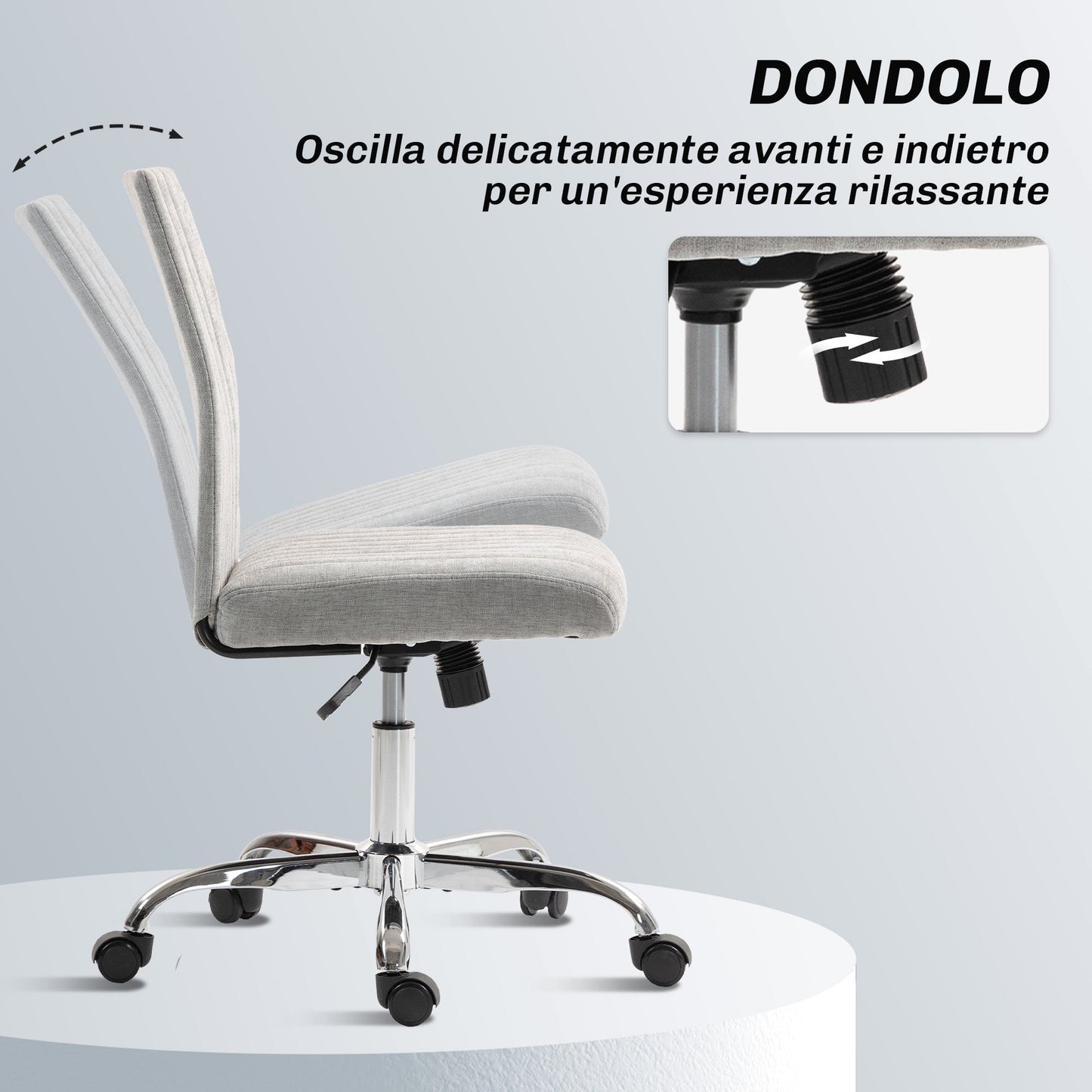 Armless Office Chair with Adjustable Height and Swivel Seat, Fabric Upholstery, Grey