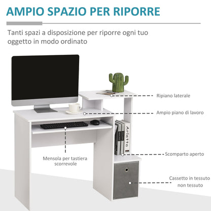 Modern PC Desk with Keyboard Shelf, Fabric Shelf and Drawer, Wooden, 100x40x86.6cm, White