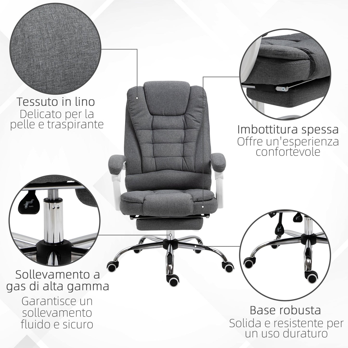 Reclining Office Chair with Retractable Footrest and High Back in Fabric, Grey