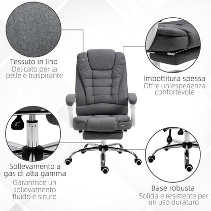 Reclining Office Chair with Retractable Footrest and High Back in Fabric, Grey