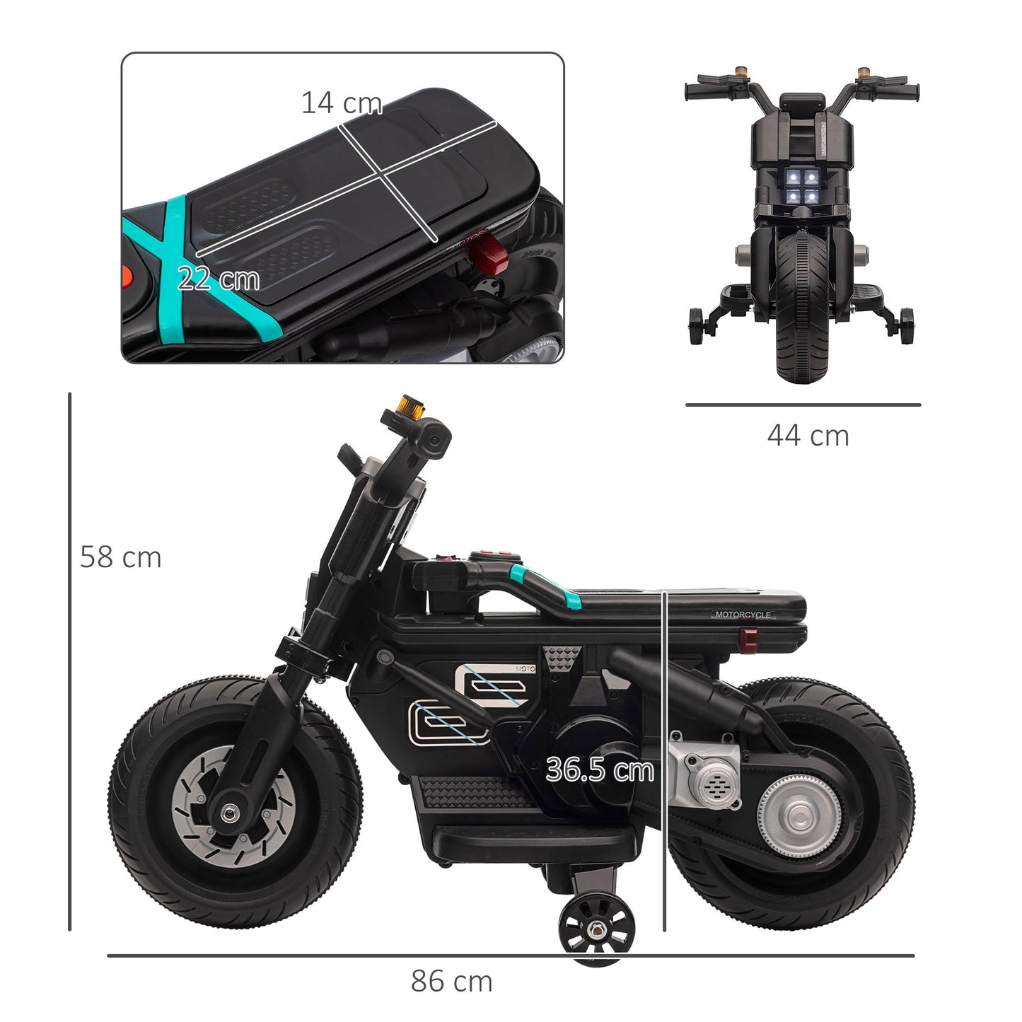 Electric Motorcycle for Children 3-5 Years in PP and Metal with Wheels, Horn and Music, 86x44x58 cm, Black