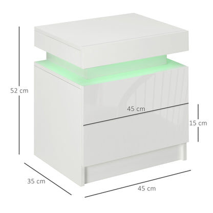 Bedside Table with Built-in RGB LED Light with 2 Drawers, 4 Light Modes and 16 Colors, Chipboard, 45x35x52cm, White