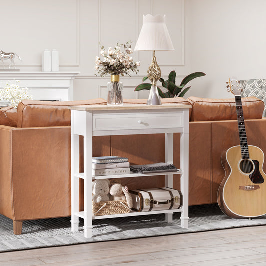 White and Wood Console Table with Drawer and 2 Shelves, Space-Saving MDF Coffee Table, 75.6 x 27.5 x 80.5cm