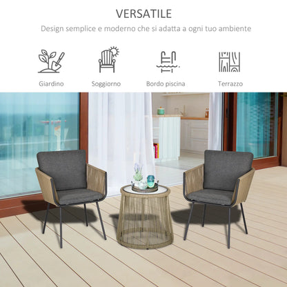 Set of 2 Outdoor Chairs with Table in PE Rattan Boho Style, Khaki and Grey