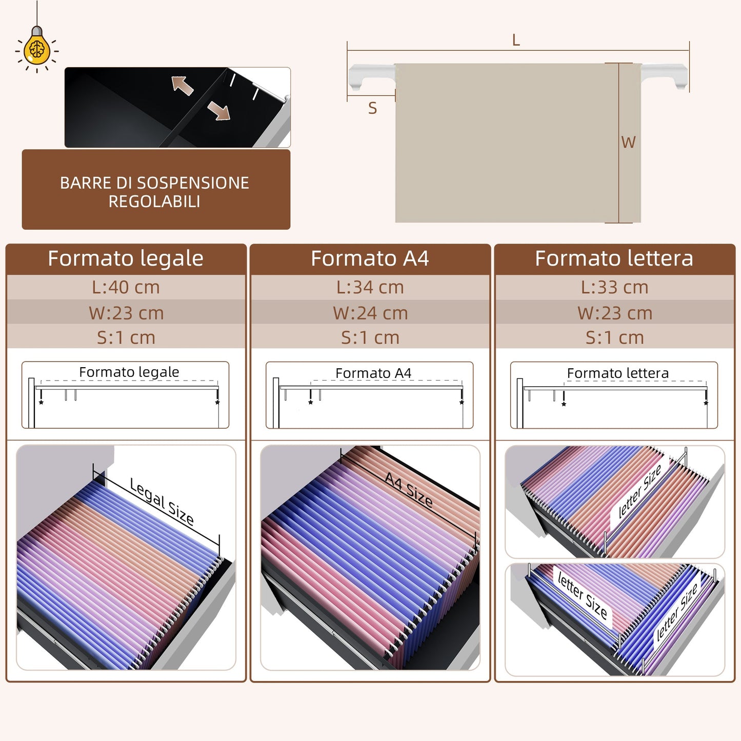 3 Drawer Office Cabinet with Adjustable Bar and Tray, Steel, 37x43.5x60 cm, White