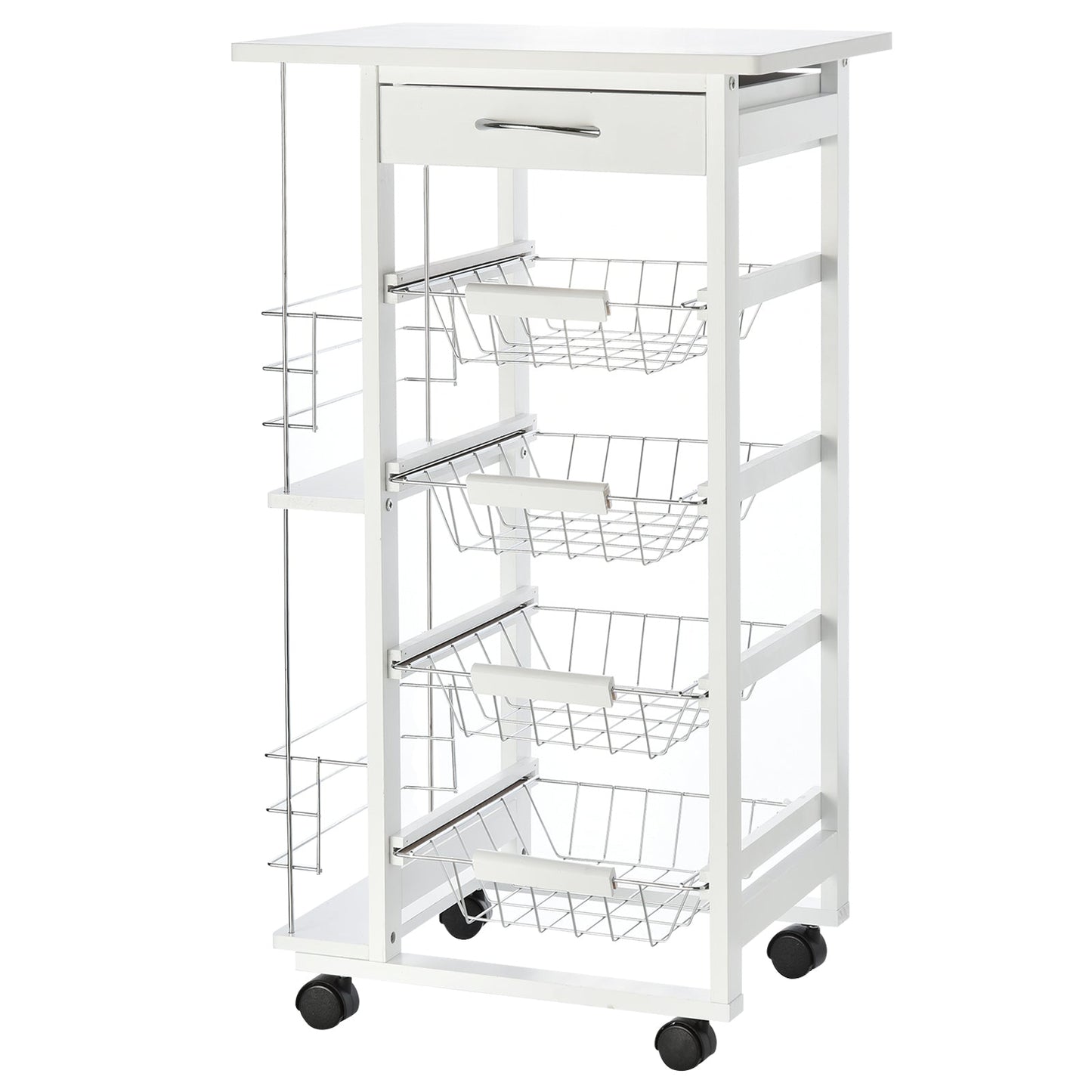 white wooden kitchen trolley with 1 drawer and 4 metal baskets
