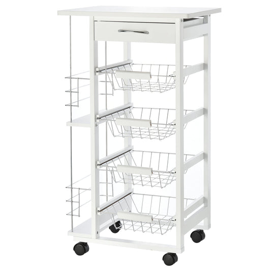 white wooden kitchen trolley with 1 drawer and 4 metal baskets