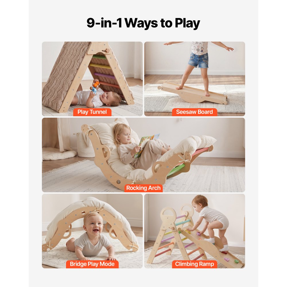 9-in-1 pikler triangle rainbow with wooden cars