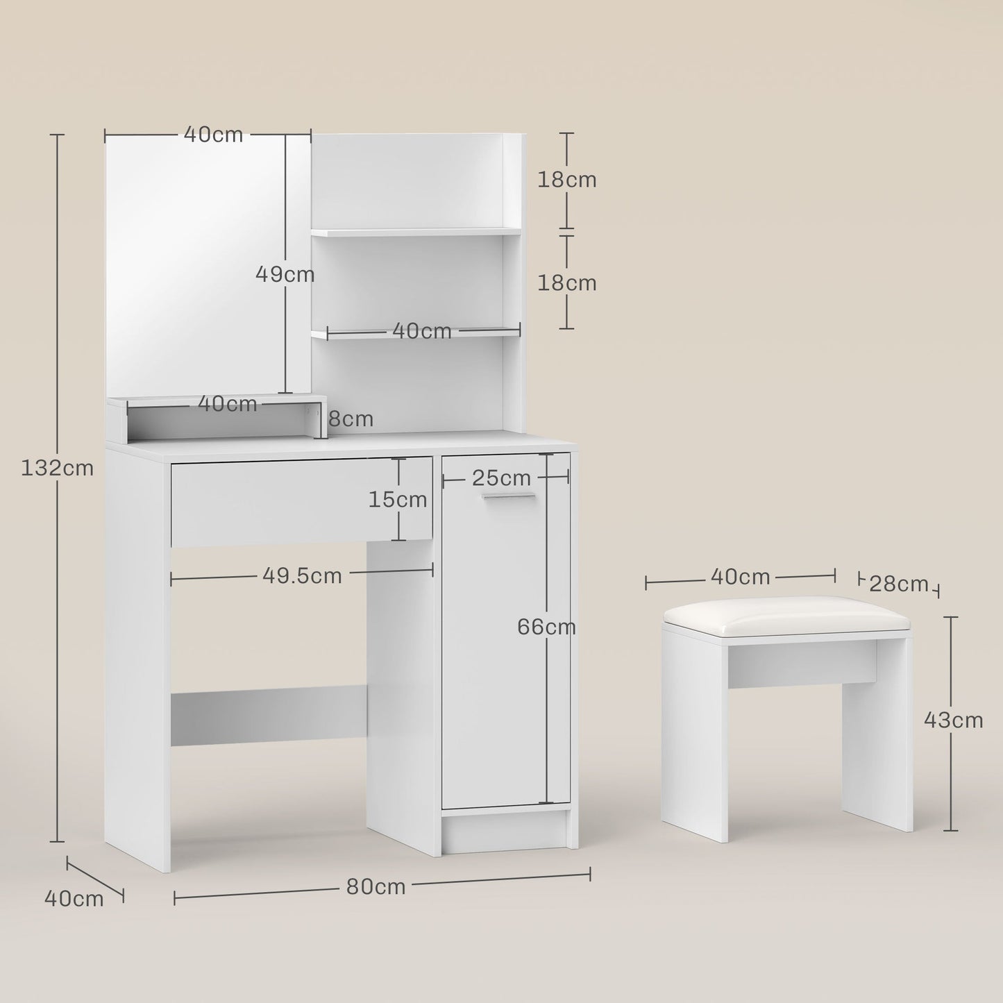 Dressing Table with Mirror and Stool, Drawer, Cabinet and Wooden Shelves, White