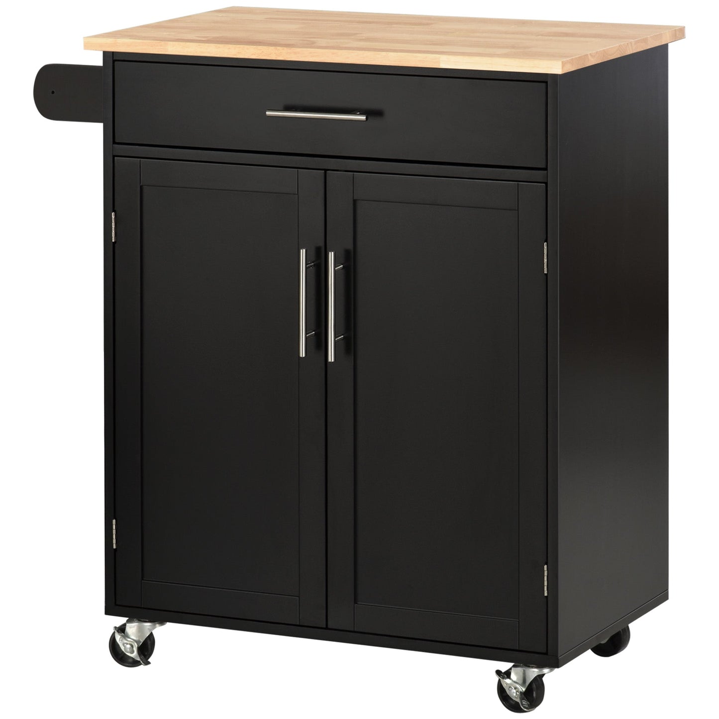 Kitchen Trolley with Drawer and Cabinet 2 Doors, Wheels and Side Bar, 83x45x91.5cm, Black