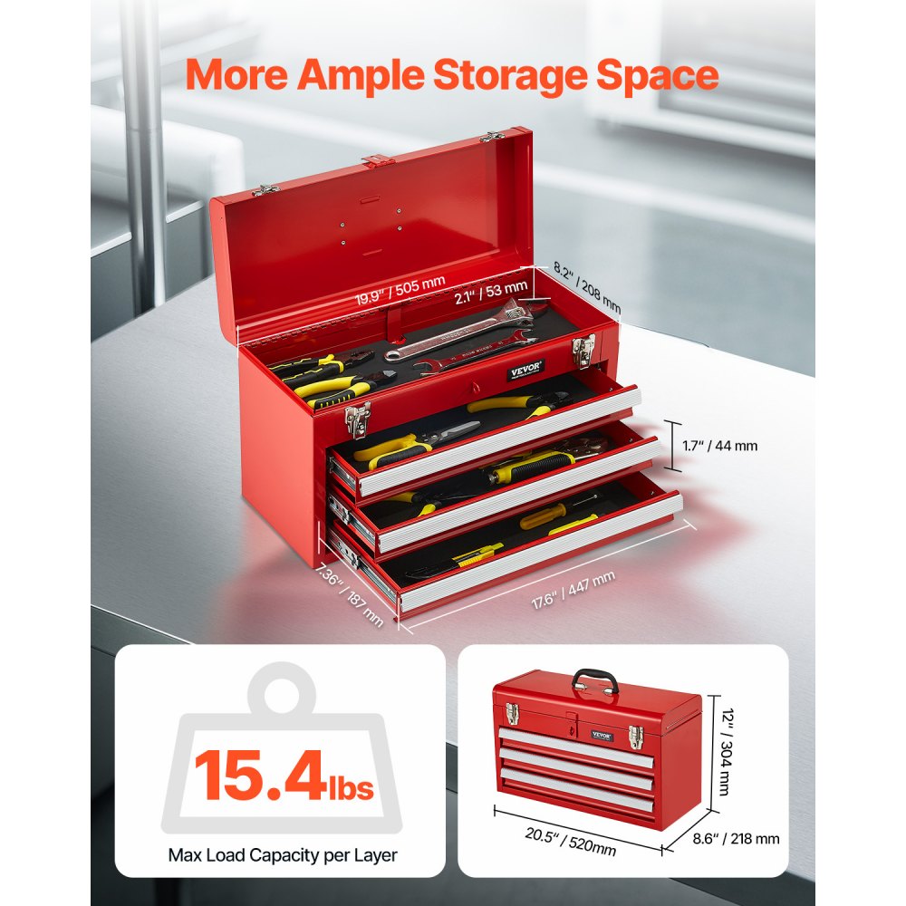 20.5 inch portable tool box 3 drawer red side view