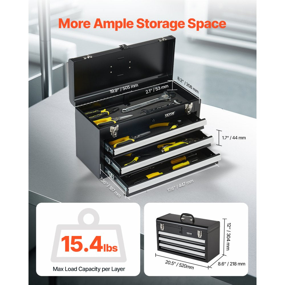 20.5 inch portable tool box 3 drawer black side view