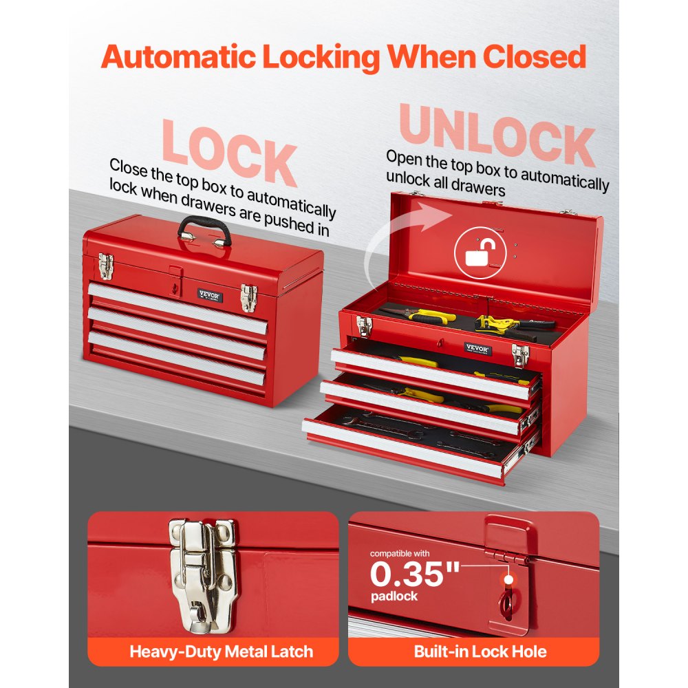 20.5 inch portable tool box 3 drawer red open